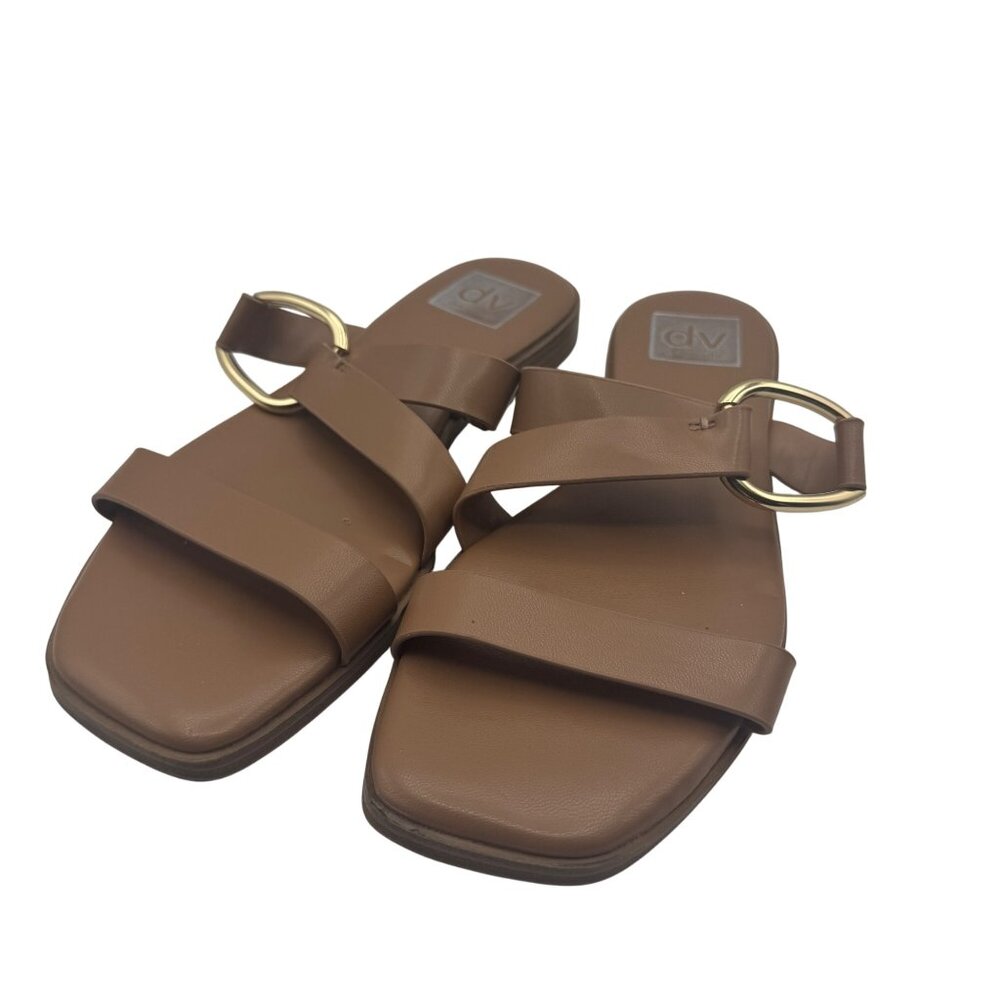 Dolce Vita DV Brown Faux Leather Slide Sandals  Size 6.5 Gold Detail